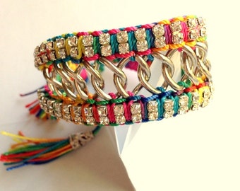 Boho Chic Rainbow Cuff Bracelet - Multicolor Threads, Chain and Rhinestones - Summer Bracelet