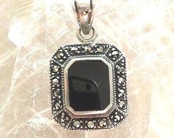 Vintage Marcasite and Black Onyx Pendant in Sterling Silver