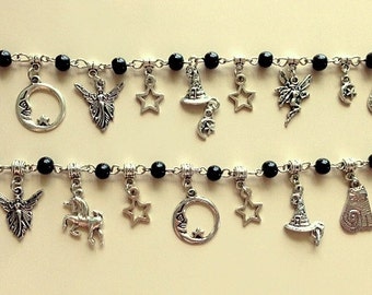 Black Beaded Tibetan Silver Charm Bracelet/Anklet -Magical Fantasy Fairy/Wicca Silver Charm Bracelet