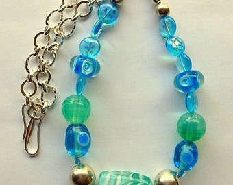 Lampwork Glass Beads and Sterling Silver Chain Necklace - Chunky Turquoise and Blue Necklace