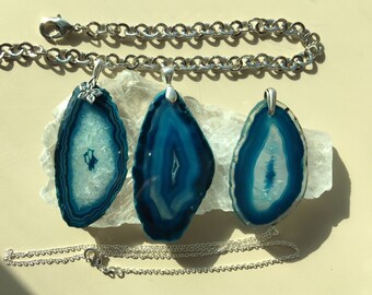 Blue Crystal Agate Druzy Geode Slices Pendants and Necklaces -Oval Shaped