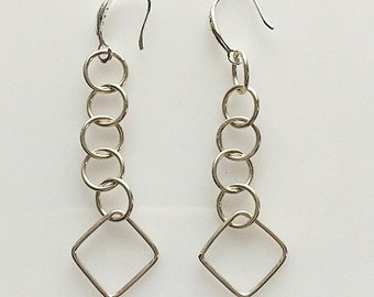 Long Sterling Silver Geometric Earrings - Sterling Circles and Square Wire Earrings