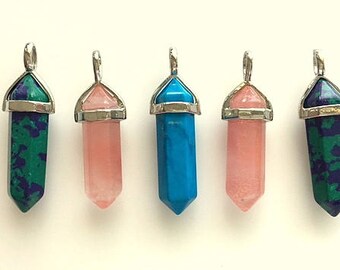 Gemstone Wand Pendants - Rose Quartz, Chrysocolla and Jasper - Blue, Green and Pink - Pendant/Necklace