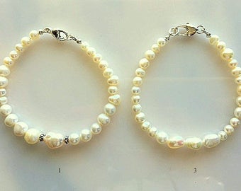 Modern Freshwater Pearl Bracelets - White Pearl Bracelets for Wedding or Mother's Day - Silver Heart Charms