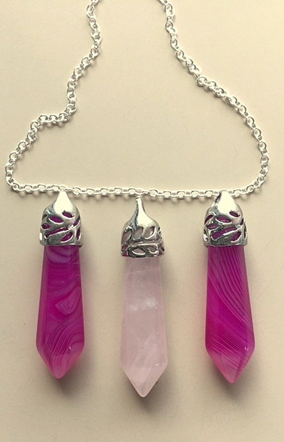 Rose Quartz Wand Pendant: Pink Agate, Sterling Silver Necklace