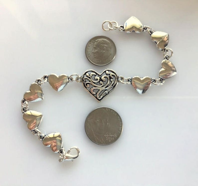 Silver Heart Bracelets Heart Link Bracelet Filigree Heart Bracelet Leather Heart Bracelet Side by Side Connected Hearts image 10