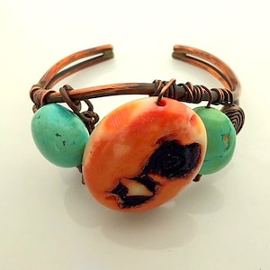 Vintage Chunky Coral, Turquoise and Copper Cuff Style Bracelet - Large Natural Coral and Turquoise Artisan Statement Bracelet