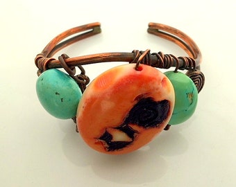 Vintage Chunky Coral, Turquoise and Copper Cuff Style Bracelet - Large Natural Coral and Turquoise Artisan Statement Bracelet