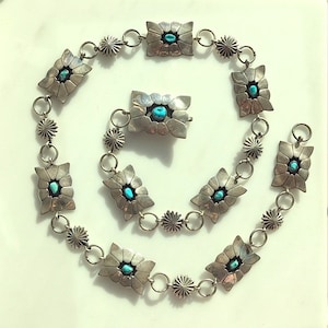 Vintage Sterling Silver and Turquoise Shadowbox Concho Belt - 40 Inch Oblong Concho Belt