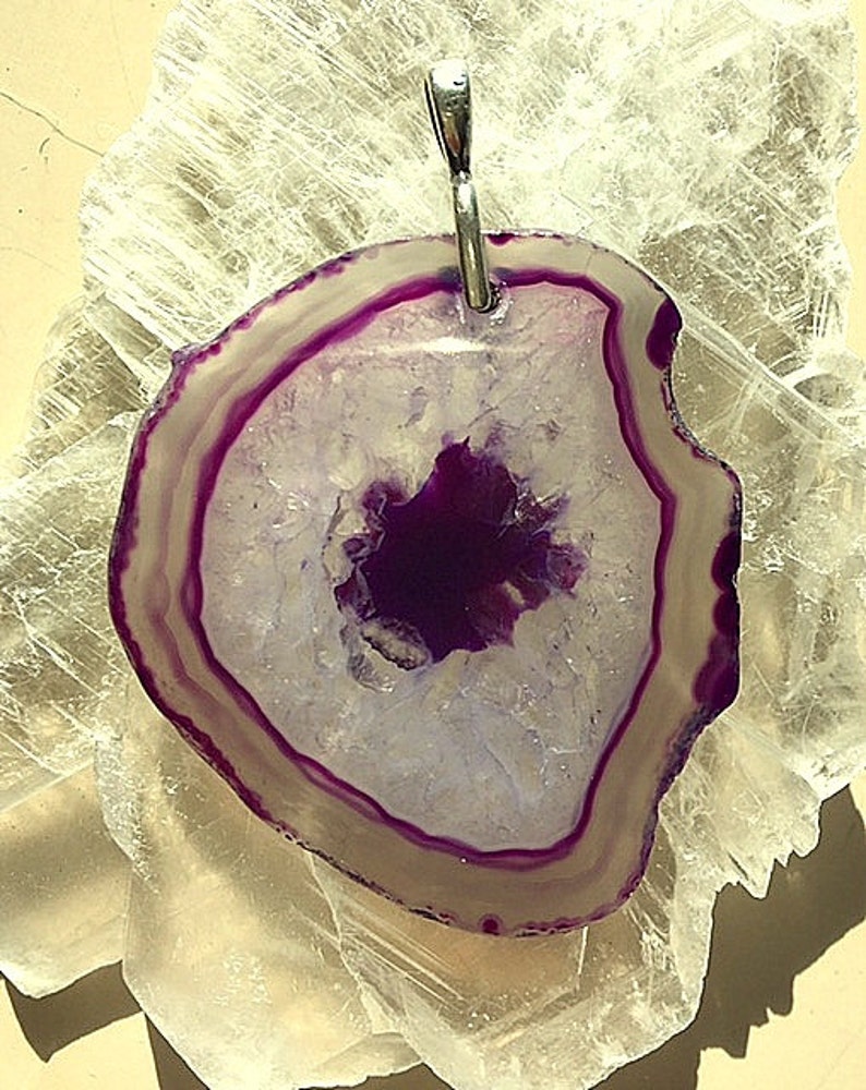 Crystal Druzy Agate Geode Slices Pendants/Necklace Purple/Lavender and Crystal White With Sterling Silver Chain image 4