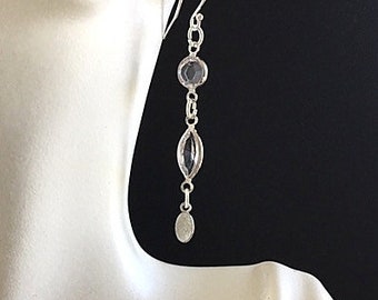 Sterling Silver and Swarovski Clear Crystal Drop and Dangle Earrings - Marquis Style and Small Round Combination - Wire or Post