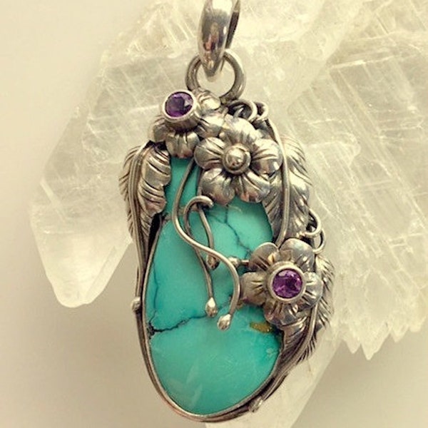 Vintage Statement Turquoise Pendant Large Turquoise Stone, Handset in Sterling Silver With Flowers and Leaves and Amethyst Gemstone Centers