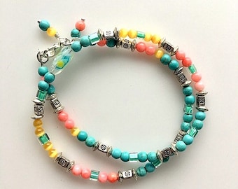 Pastel Beaded Bracelet or Necklace - Convertible Jewelry - Turquoise, Coral, Catseye Bracelet or Necklace