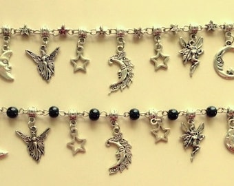 Fairy Charm Bracelet or Anklet: Tibetan Silver Moon & Star Beaded Jewelry