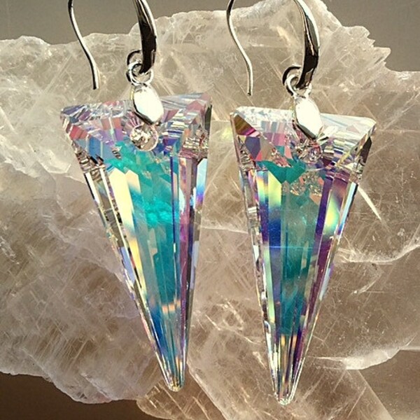 Large, Medium and Small Crystal AB Spike and Sterling Silver Earrings -Swarovski Crystal Spike Earrings