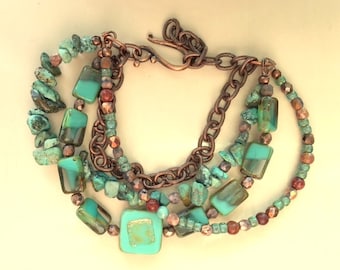 Multistrand African Turquoise, Czech Glass Beads, Artisan Crafted Beads, and Chain Bracelet