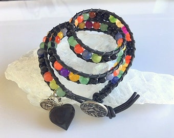 Black Leather and Colorful Agate Bead Wrap Bracelet - Triple Wrap Colorful Bracelet With Charms