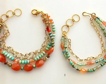 Carnelian Chrysoprase Bracelet: Multi Strand Gemstone & Gold Filled Chain