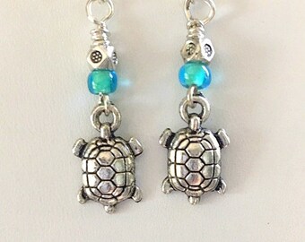 Small Silver Sea Turtle Earrings - Turquoise Crystal and Turtle Charm Earrings