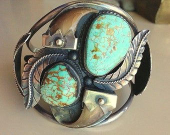 Vintage Native American Sterling Silver, Turquoise Bracelet -  Unique  Unisex Large Cuff Style Bracelet