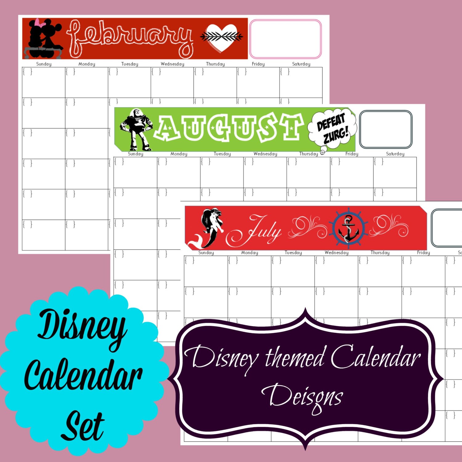 Disney Themed Calendar Set/ Editable PDF Calendar/disney - Etsy