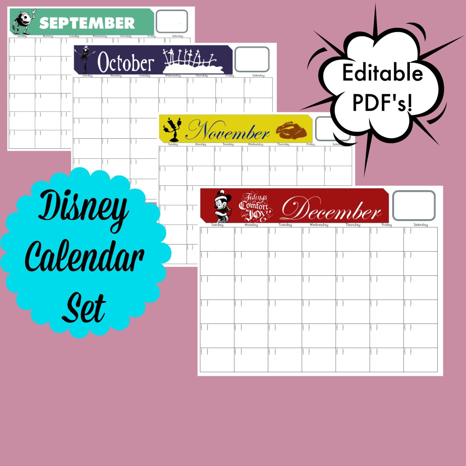 Disney Themed Calendar Set/ Editable PDF Calendar/disney Etsy