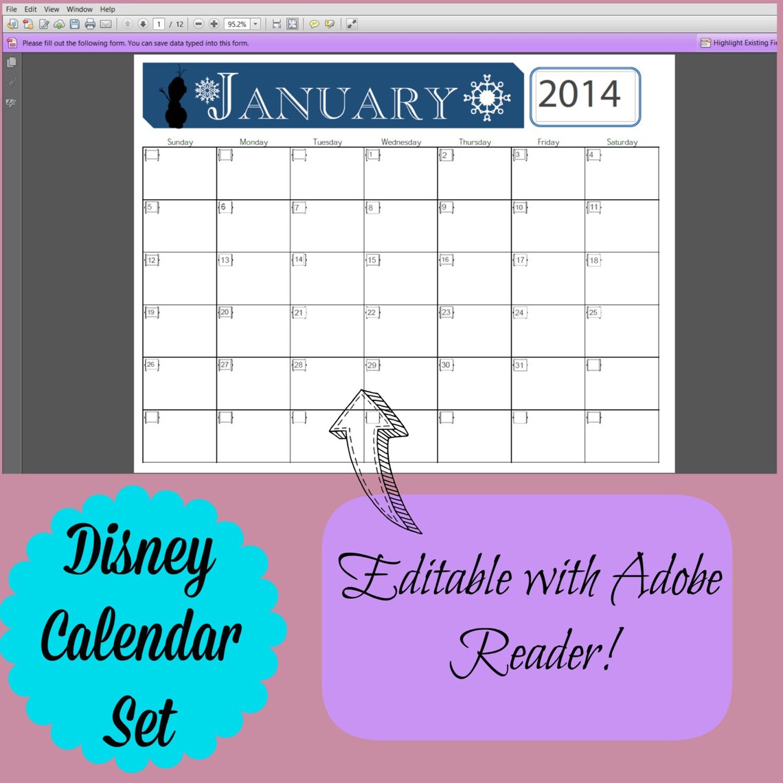 Disney Themed Calendar Set Editable PDF Calendar disney Etsy