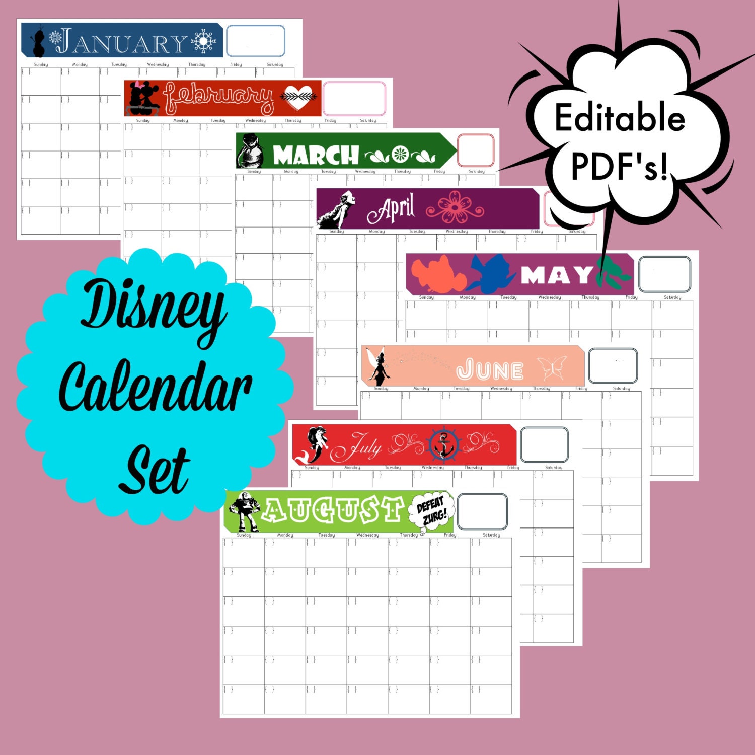 Disney Themed Calendar Set/ Editable PDF Calendar/disney - Etsy