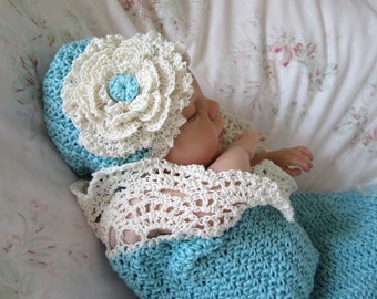 Crochet Baby Cocoon and Hat Pattern Photo Prop Pattern Seaside Cottage Snuggle Sack and Hat