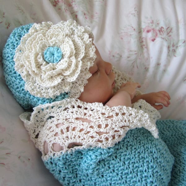 Crochet Baby Cocoon and Hat Pattern Photo Prop Pattern Seaside Cottage Snuggle Sack and Hat