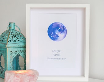 Scorpio Constellation Print, Personalised Zodiac Print, Scorpio Birthday Gift, Custom Star Sign Print, Astrology Print, Birth Date Art