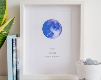 Leo Constellation Print, Leo Birthday Gift Idea, Custom Zodiac Print, Personalised Print, August July Birthday, Leo Star Sign, Celestial