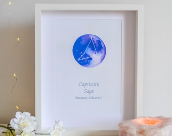 Capricorn Constellation Print, Custom Zodiac Art, Capricorn Birthday Gift Idea, Constellation, Celestial, Moon Print, Capricorn Star Sign