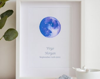 Virgo Constellation Print, Personalised Virgo Birthday Gift, Zodiac Art Print, Custom Star Sign Print, Constellation Art, Celestial Print