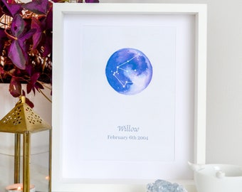 Aquarius Constellation Print, Personalised Zodiac Star Sign Gift, Aquarius Birthday Gift, Celestial, Moon Print, Custom Aquarius Gift