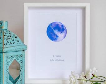 Cancer Constellation Print, Personalised Cancer Zodiac Art, Cancer Birthday Star Sign Gift, Custom Zodiac Print, Celestial Moon Print