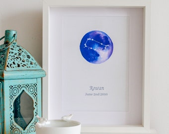 Gemini Constellation Print, Gemini Birthday Zodiac Moon Print, Personalised Print, Gemini Star Sign Art, Gemini Star Sign Gift, Celestial