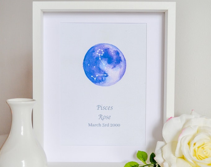 Pisces Constellation Art Print, Personalised Zodiac Print, Custom Star Sign Print, Minimalist Zodiac Wall Art, Pisces Birthday Gift Idea