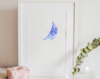 Personalised Moon Painting, Custom Moon Phase Print, Anniversary Gift, Watercolour Moon, Moon Art Print, Crescent Moon Painting, Cosmic Art