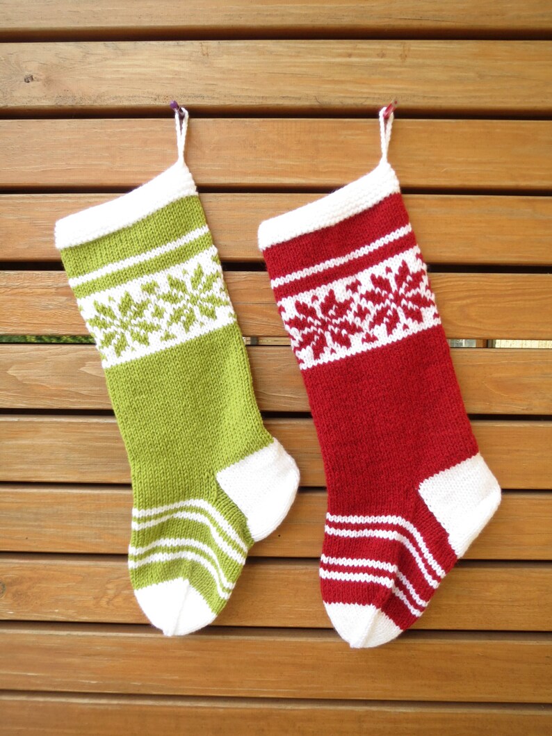 Set of 2 Hand Knit Christmas Stocking Red White and Green - Etsy
