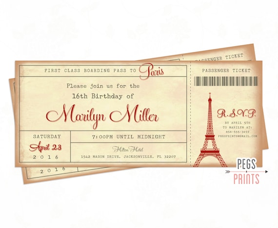 Paris Ticket Invitation 3x7 Paris Boarding Pass Invite Paris