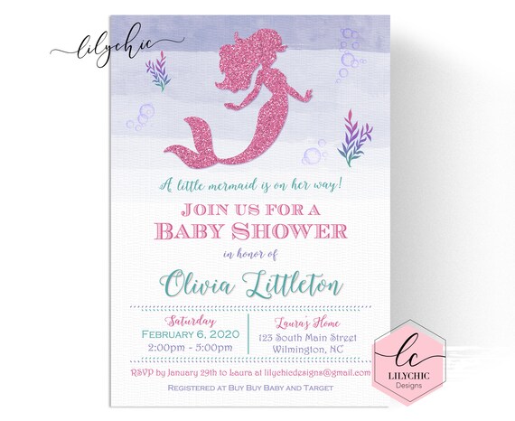 Mermaid Baby Shower Invitation - PRINTABLE Mermaid Baby Shower Invites - Under the Sea Baby Shower Invitation - Pink Glitter Mermaid Il_570xn