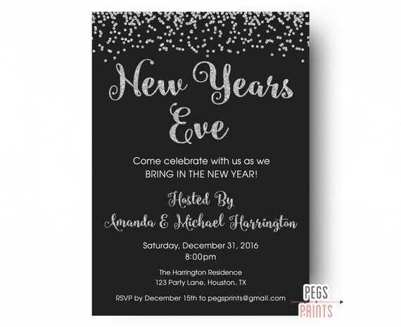 New Years Eve Invitation - Silver or Gold Glitter New Years Invitation PRINTABLE - New Years Party Invitation - New Years Eve Invites Il_570xn