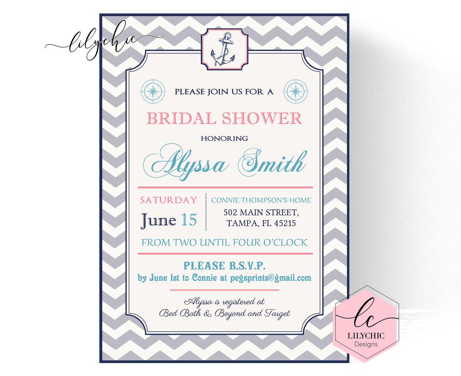 Nautical Bridal Shower Invitation Printable Pink and Navy | Etsy