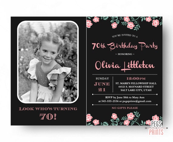 Photo Birthday Invitation - 70th Birthday Invitation PRINTABLE - Adult Birthday Invitation with Photo - Adult Birthday Invites - Floral Il_570xn