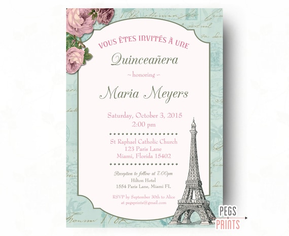 shabby chic quinceanera invitation printable paris etsy