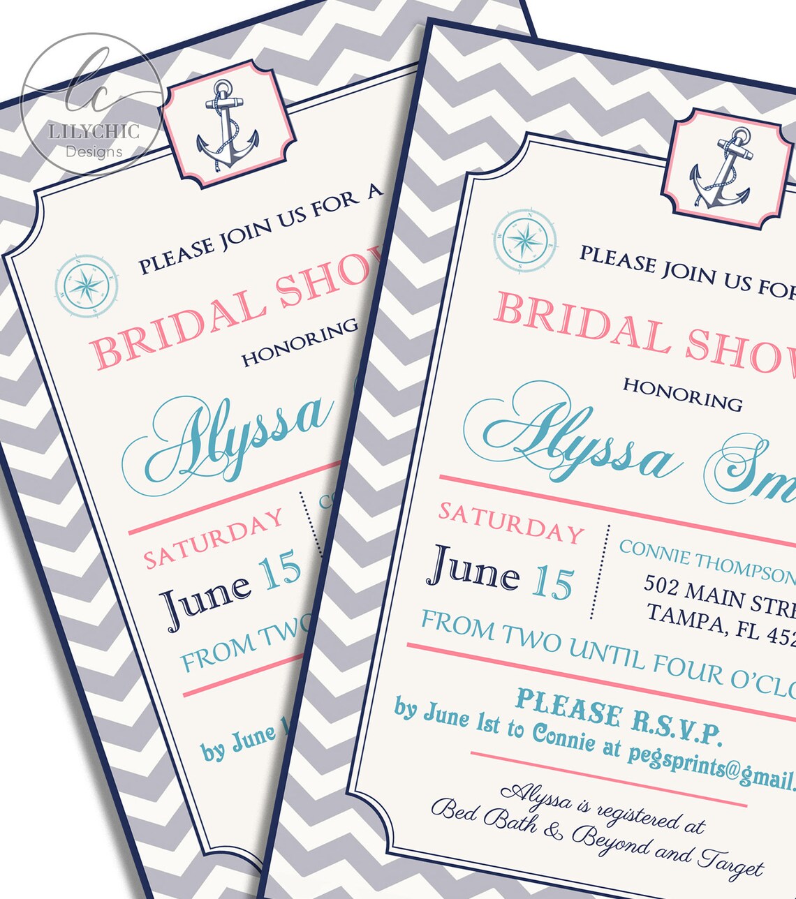 Nautical Bridal Shower Invitation Printable Pink and Navy | Etsy