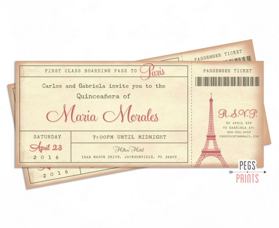 Paris Quinceanera Invitation 3x7 - Paris Quinceanera Invites - Paris Boarding Pass Invite - Parisian Theme Quinceanera - Paris Ticket Invite Il_570xn