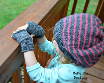 KNITTING PATTERN - Gloves and Hat Patterns, Cable Banded Fingerless Gloves &  The Striped Cable Slouchy Bundle Pack