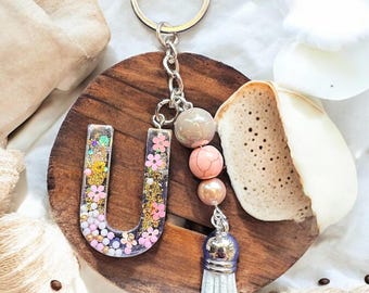 Sparkly Glitter Gold Pink Initial Keychain with Beaded and charm Embellishment – Gold, Silver, or Rose Gold Chain Choice!